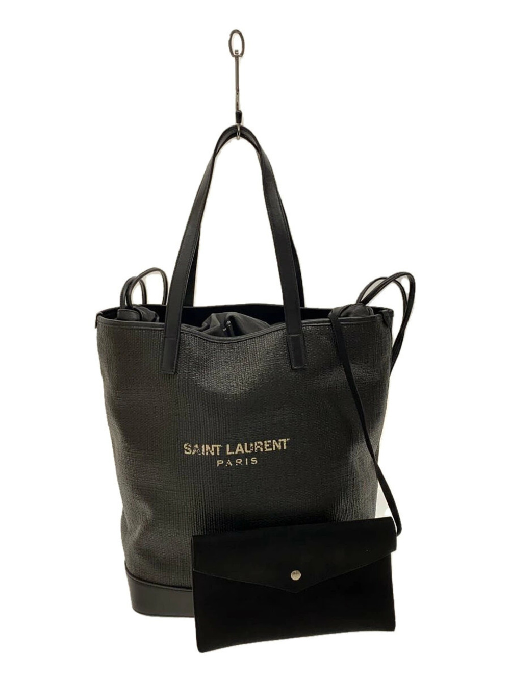 SAINT LAURENT black Raffia Teddy Shopping Tote